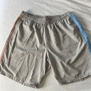 Adidas Men's Gray Athletic Shorts with Blue and Pink Stripes